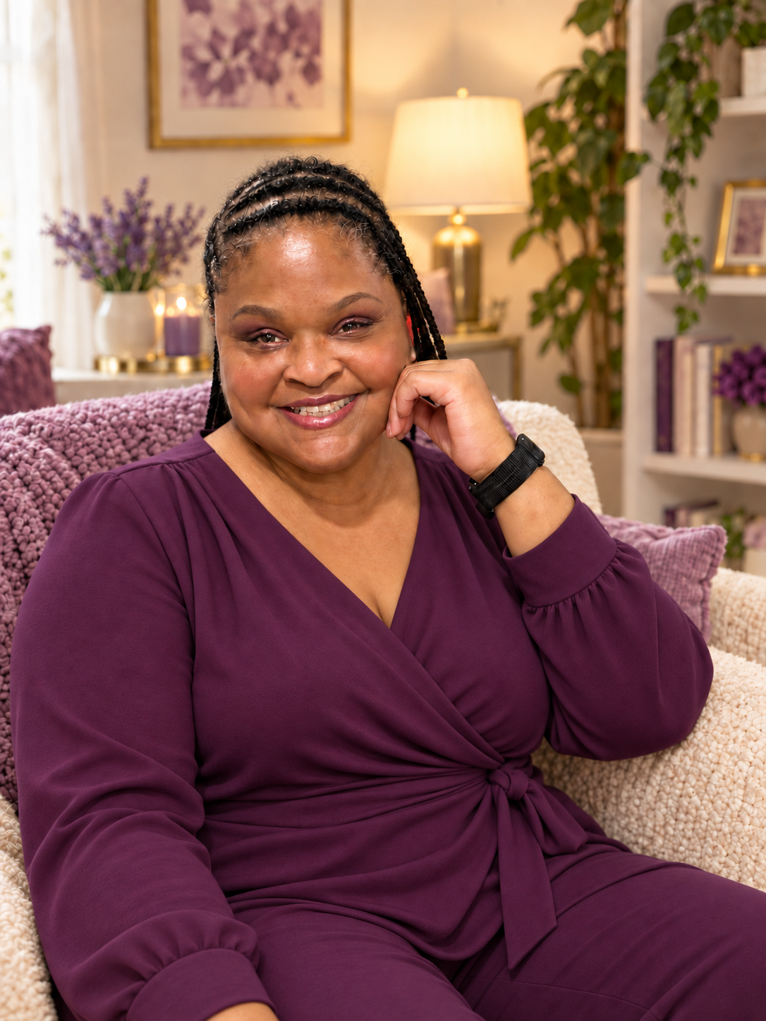 Dujuanya Lasenby in a polished plum wrap blouse in a warm, welcoming room