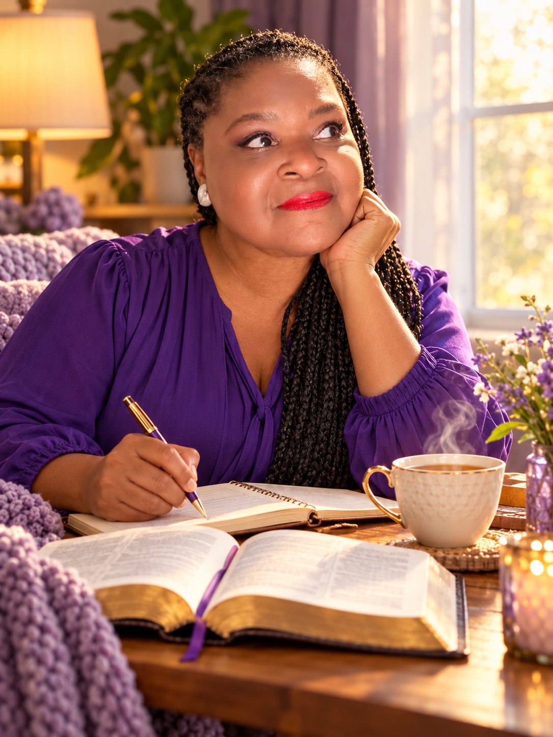 Dujuanya Lasenby reflecting with her Bible, journal, and tea